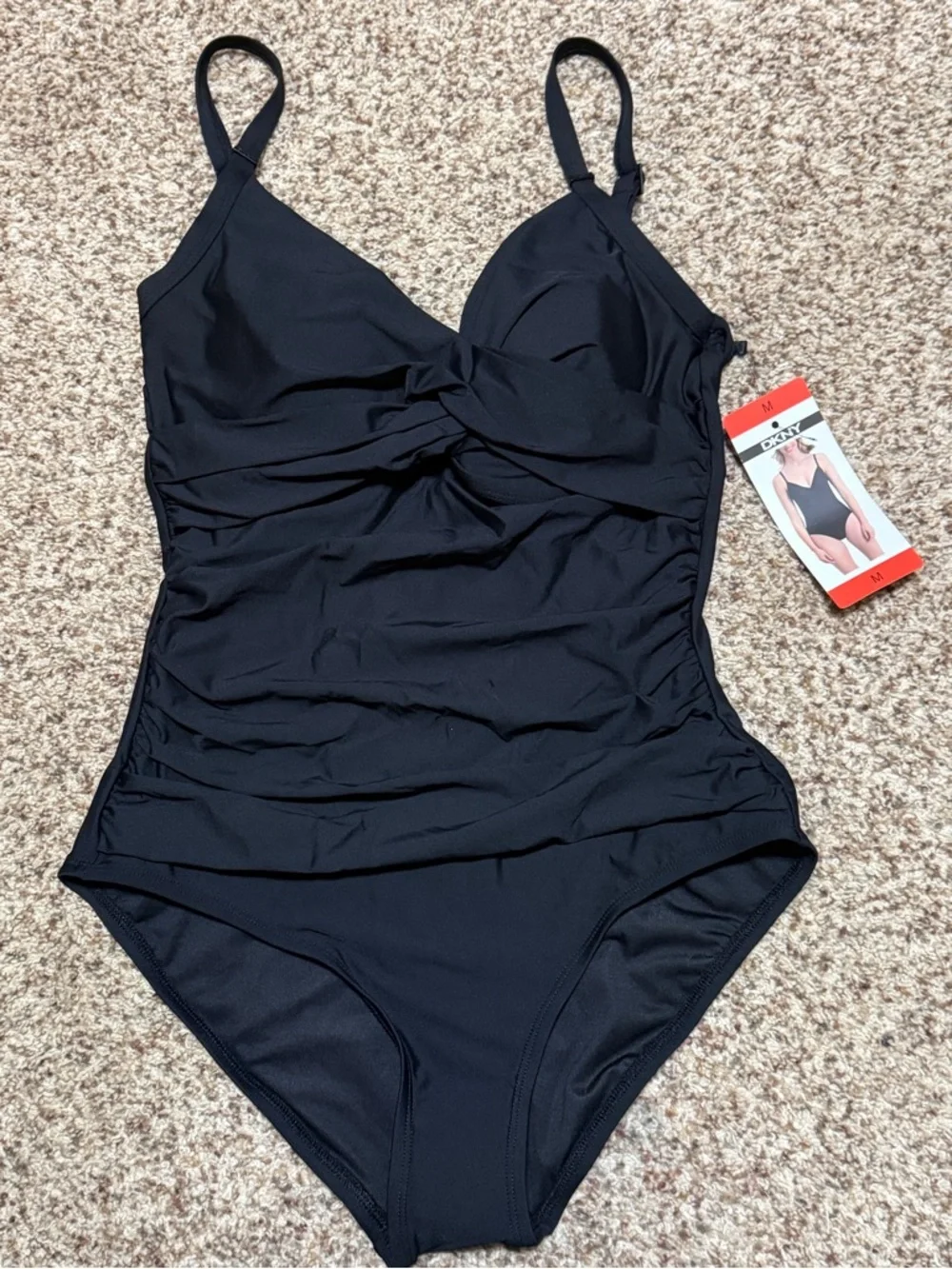DKNY Black Surplice Spaghetti Strap Tummy Control One Piece Swimsuit Medium NWT - Picture 2 of 9